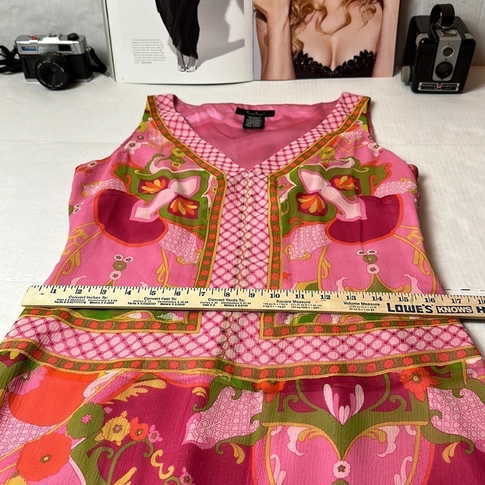 Y2K 100% Silk Boho Shift Dress Pink Floral Resort Sleeveless ECI New York - Picture 10 of 13